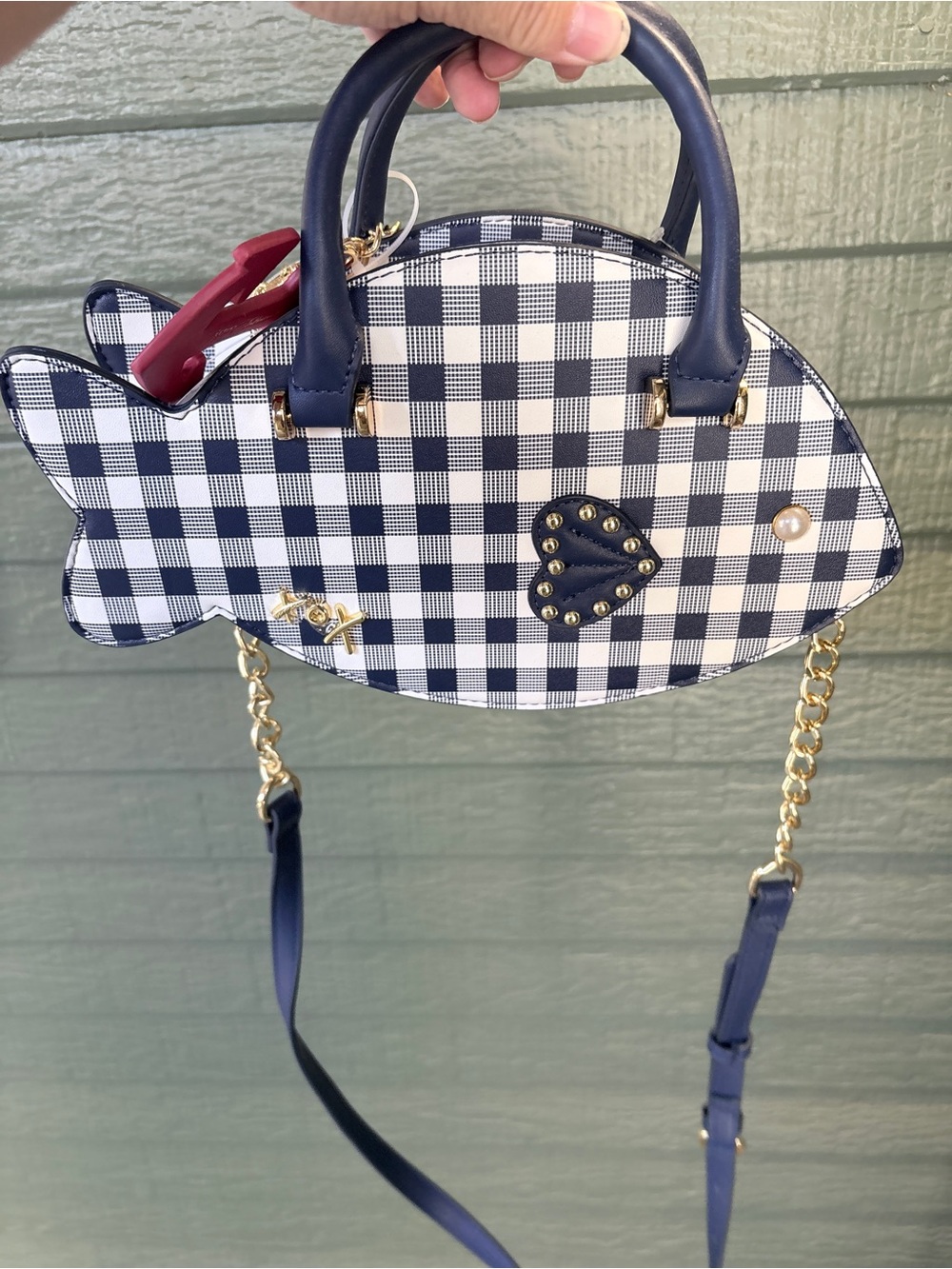Betsey Johnson Navy and White Gingham Fish Crossbody Bag - Picture 3 of 4